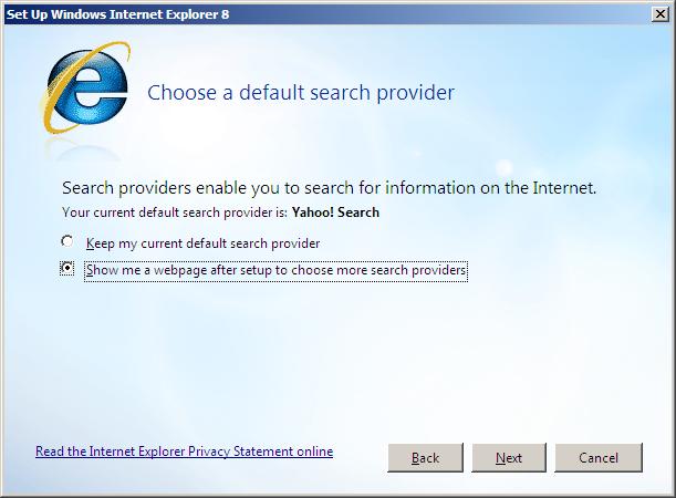 Suggested options for Internet Explorer 8 Setup