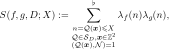                  ∑♭
S(f,g,D;X ) :=        λf (n)λg(n),
              n=𝒬(x)≤X
              𝒬∈𝒮D,x∈ℤ2
              (𝒬 (x),𝒩 )=1
