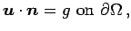 $\displaystyle {\boldsymbol u}\cdot {\boldsymbol n}= g\ {\rm on }\ \partial {\Omega}\,,$